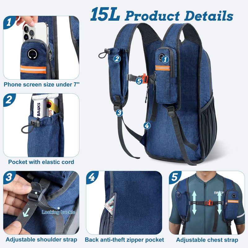 BECOJADDE 15L Small Hiking Backpack for Men Women Foldable Packable Back Pack Ultralight Hiking Daypack for Travel Camping Outdoor  Navy Blue - Image 2